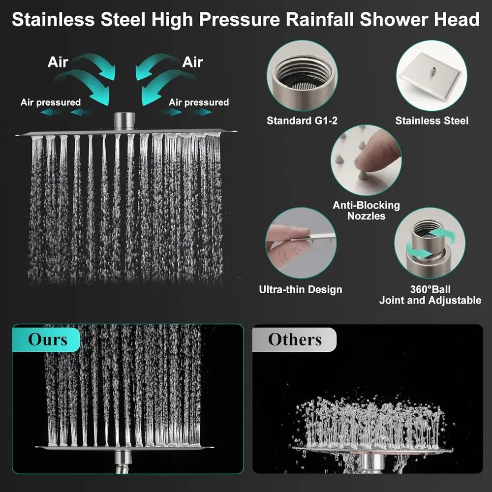 10 Metal Rain Shower Head Combo with Handheld, High-Pressure Waterfall, 16 Extension Arm, 3-Way Diverter, Brushed Nickel