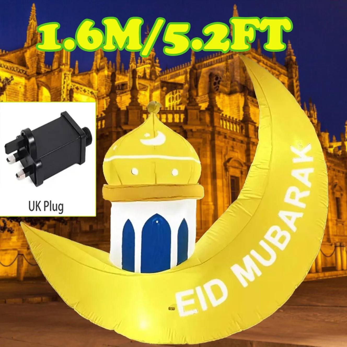 1.6M/5.2FT Inflatable Model Ramadan Moon Palace Build-in LED Light Blow Up Eid Mubarak Sign Outdoor Holiday Decorations