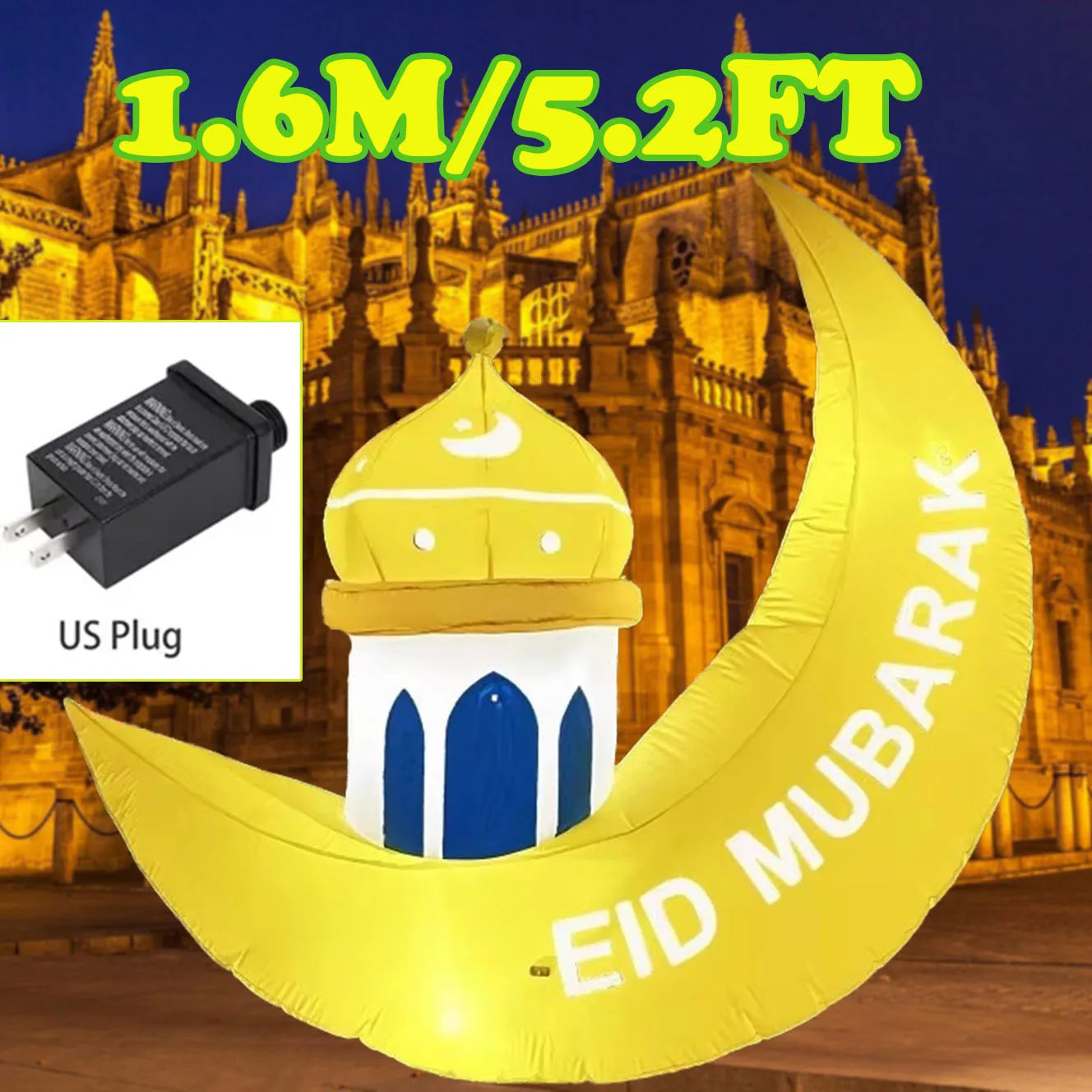 1.6M/5.2FT Inflatable Model Ramadan Moon Palace Build-in LED Light Blow Up Eid Mubarak Sign Outdoor Holiday Decorations