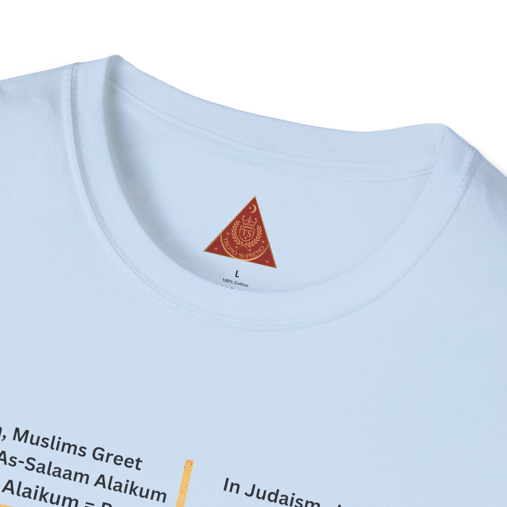 Trono Supremo | Camiseta de paz contemporánea para musulmanes y judíos — Camiseta de armonía interreligiosa con diseño de 'Shalom' en árabe y hebreo