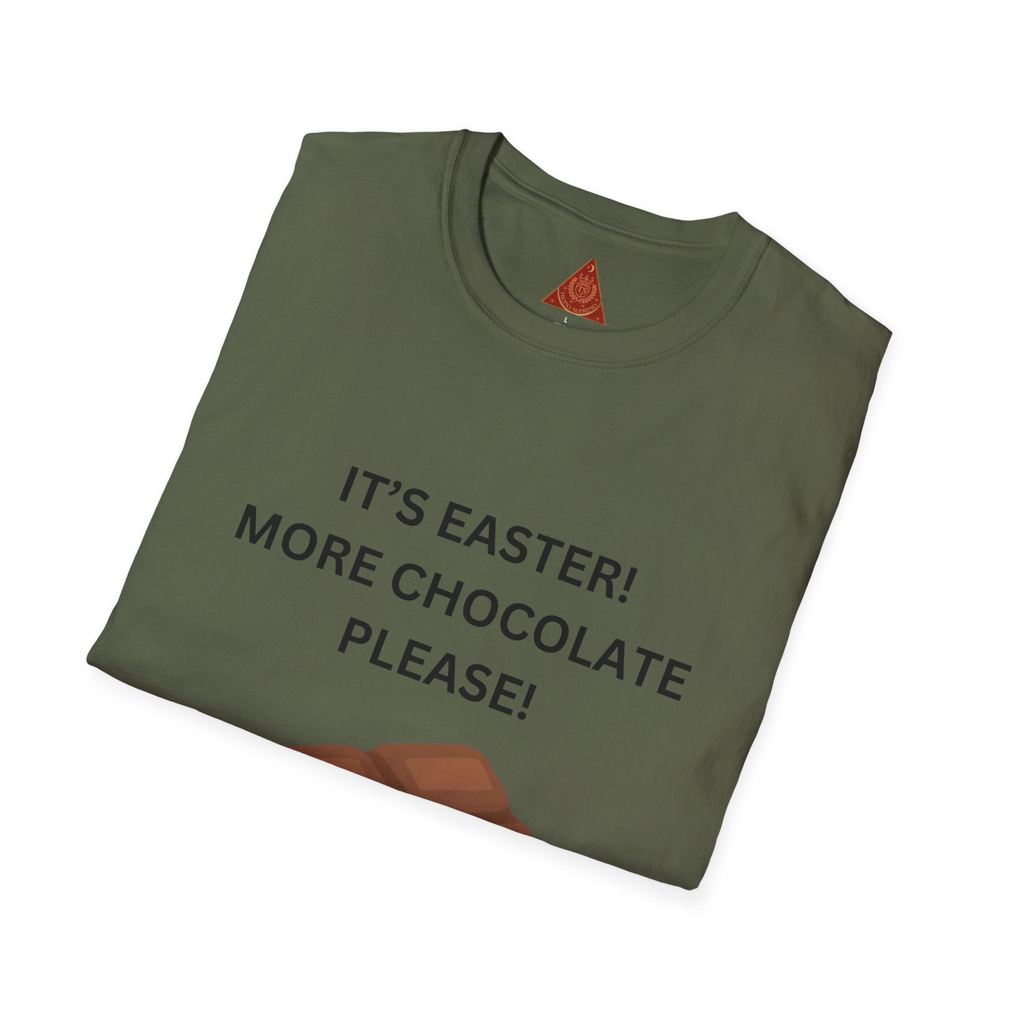 Trono Supremo |  Contemporary  |  Easter Chocolate T-Shirt — "It’s Easter! More Chocolate Please!" Graphic Tee