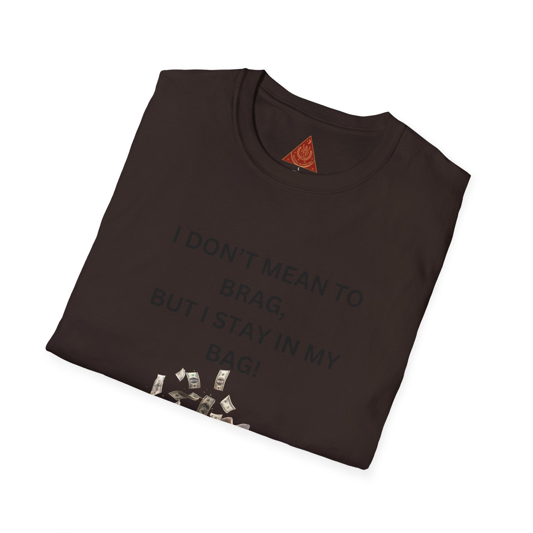 Trono Supremo  |  Contemporary  |  I Don't Mean to Brag But I Stay in My Bag T-Shirt — Funny Cat Money Bag Graphic Tee
