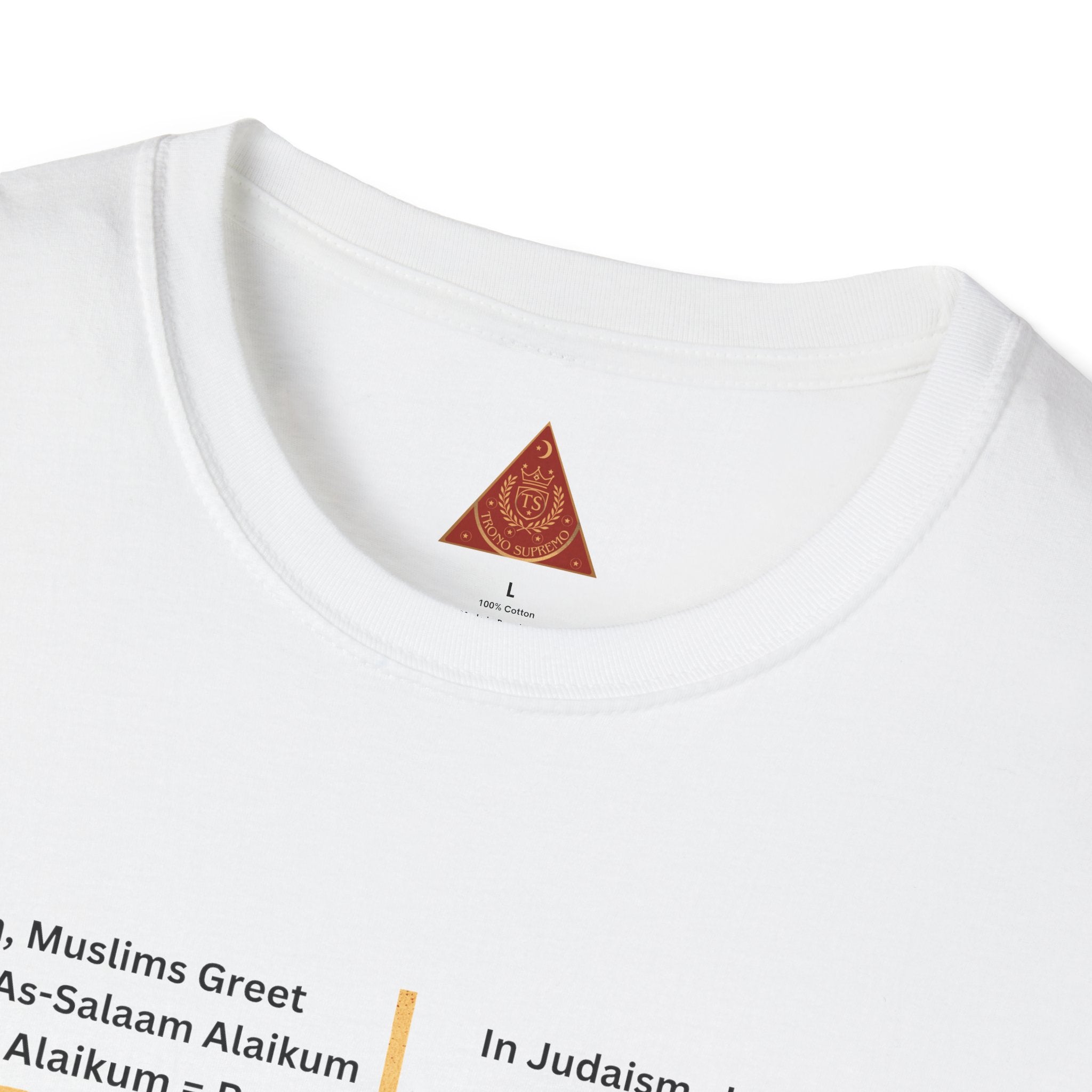 Trono Supremo | Contemporary Muslims & Jews Peace T-Shirt — Interfaith Harmony Tee with Arabic & Hebrew ‘Shalom’ Design