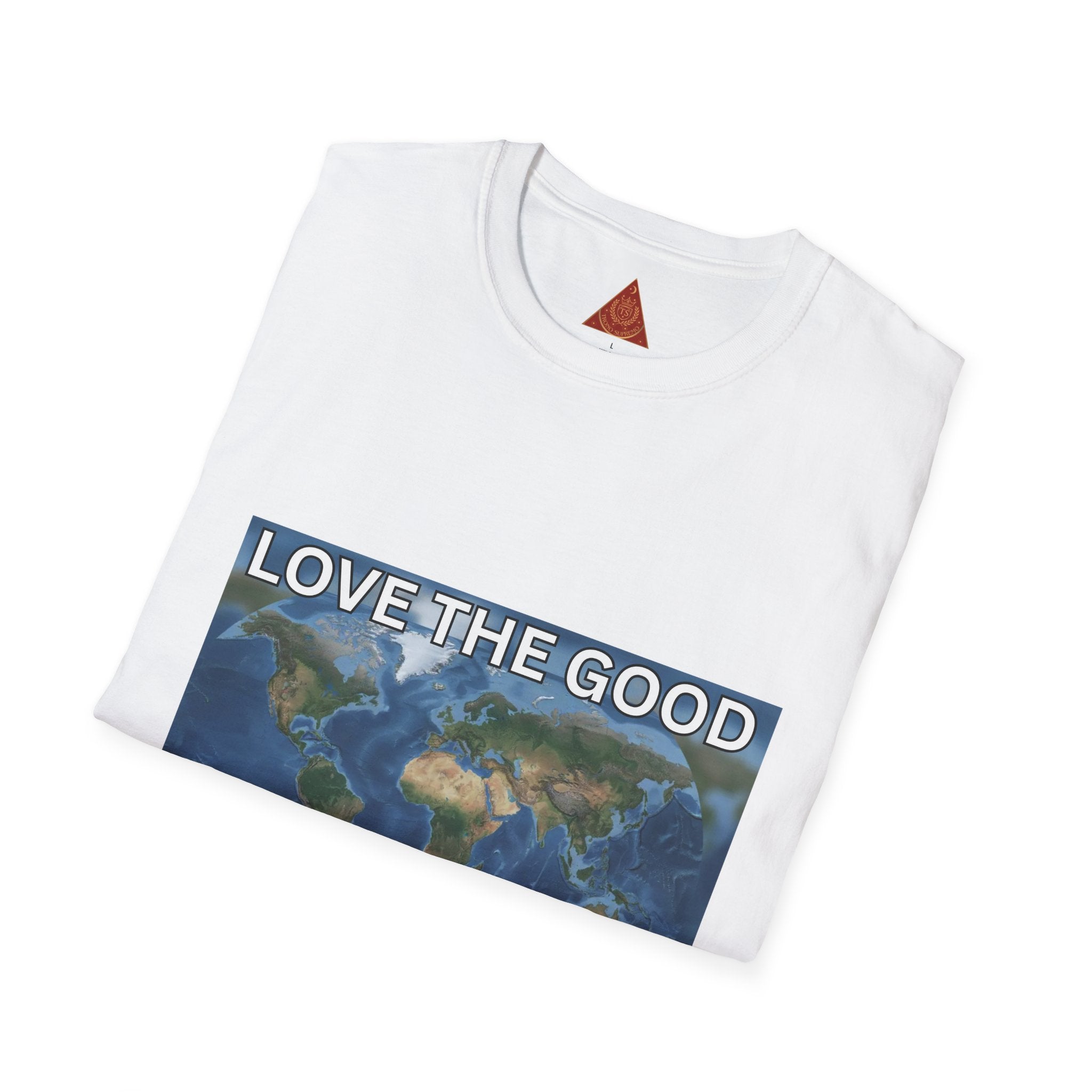 Trono Supremo | Contemporary | Love the Good in the World T-Shirt — Earth Map Positive Message Tee