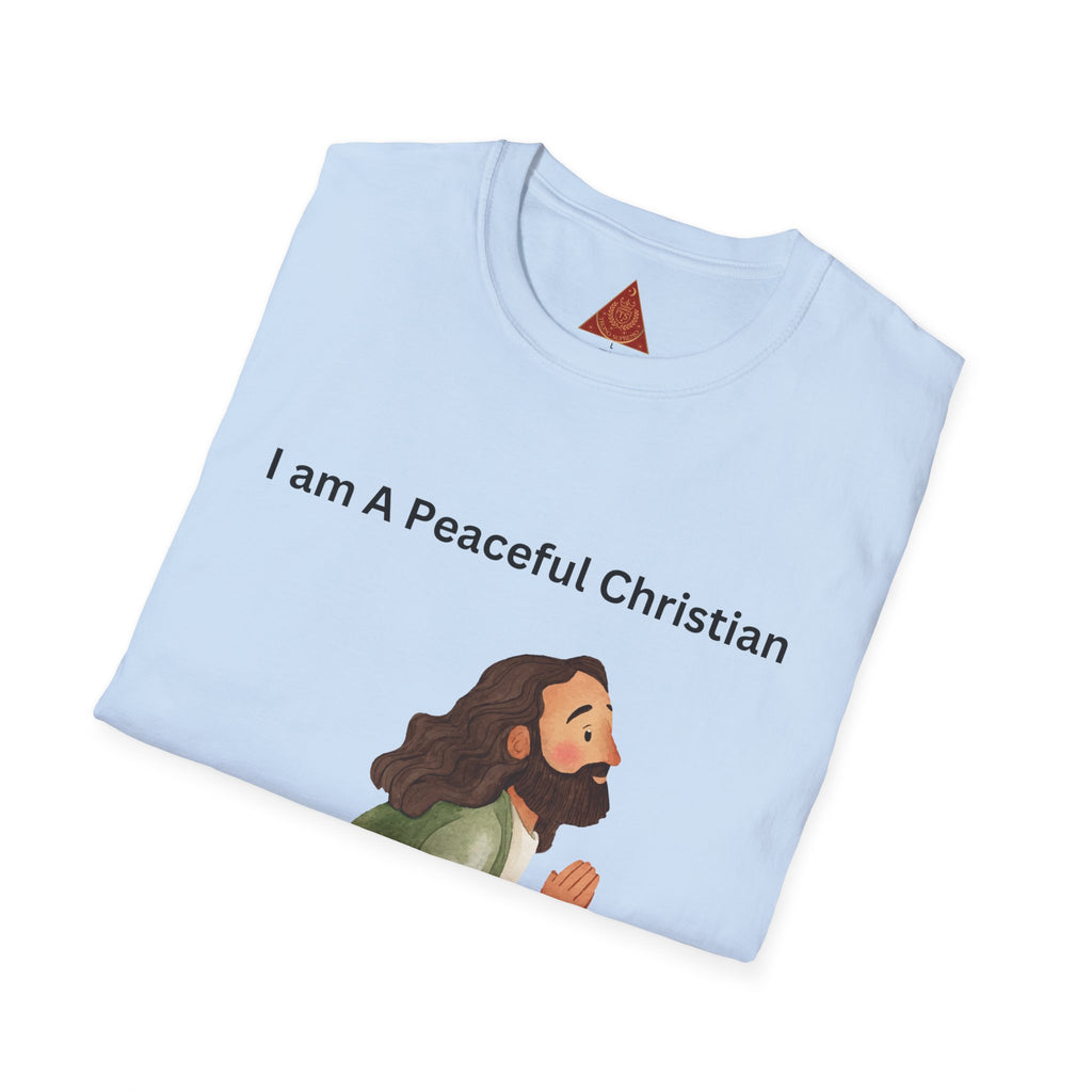 Trono Supremo | Christian Prayer T‑Shirt – “I Am A Peaceful Christian” Jesus Illustration