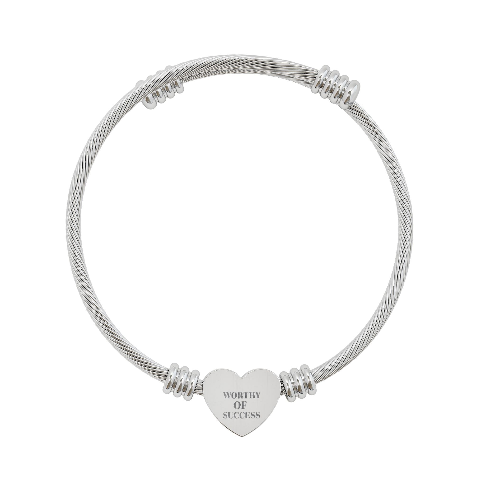 Trono Supremo |  Engravable Heart Cuff Bracelet — Personalize This "Worthy Of Success"  Silver Cable Bangle