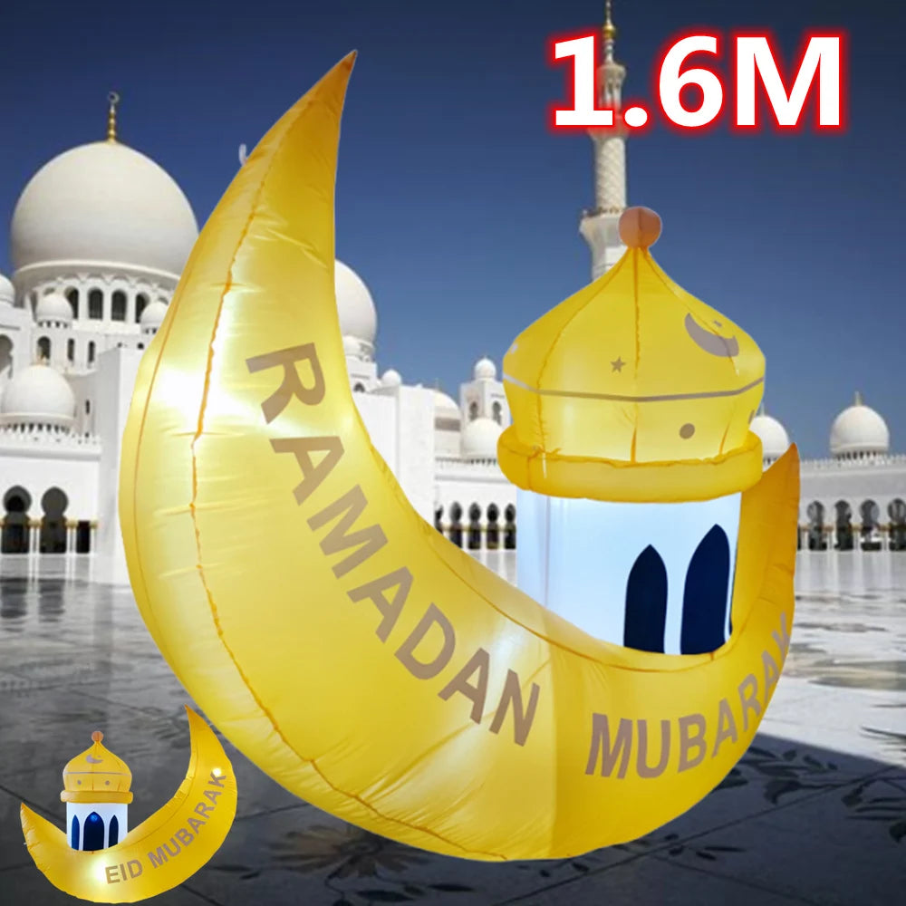 1.6M Ramadan Decorative Eid Al-Fitr Moon Ship Built in LED Light Inflatable Toy Outdoor Mubarak Prayer Decoration Party Supplies