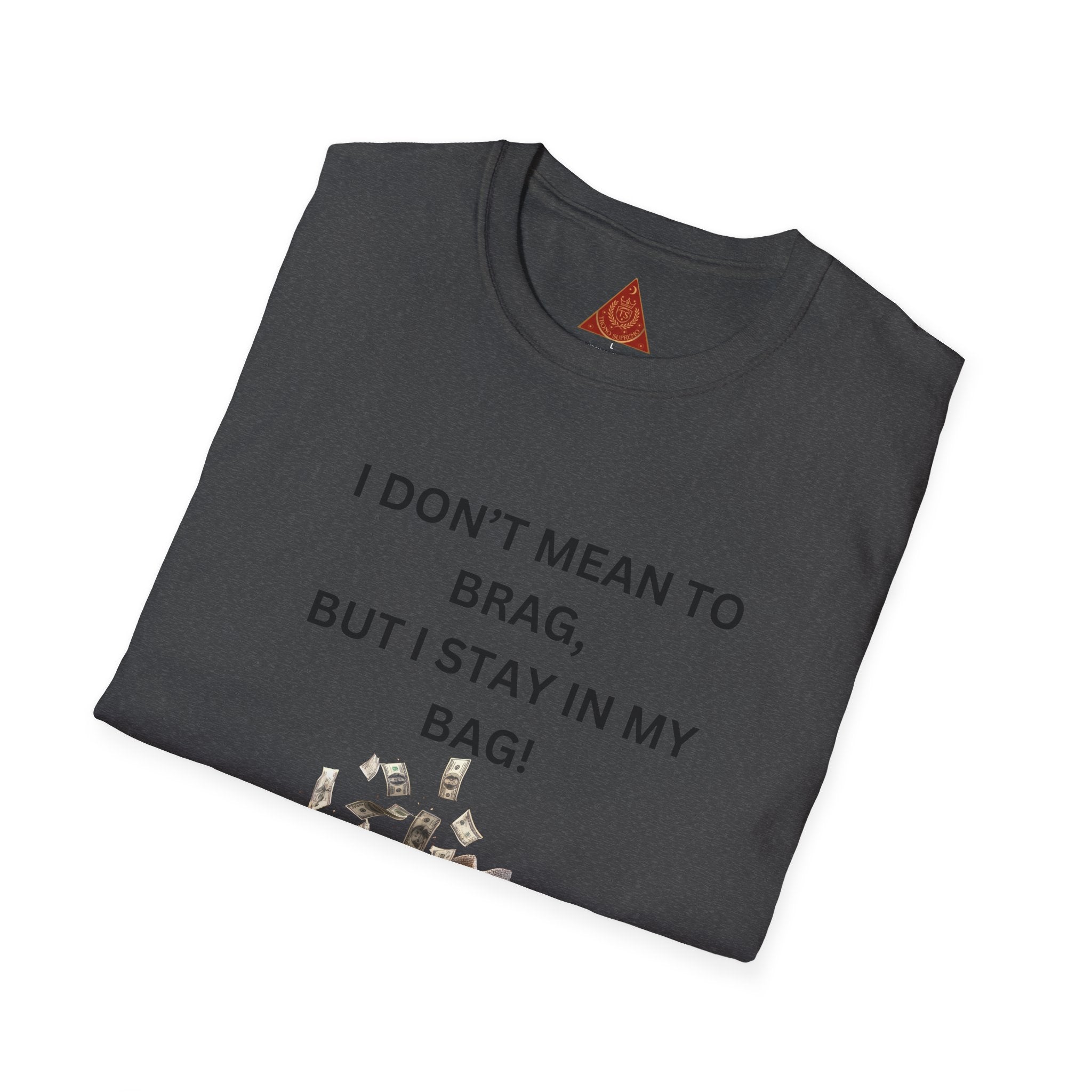 Trono Supremo  |  Contemporary  |  I Don't Mean to Brag But I Stay in My Bag T-Shirt — Funny Cat Money Bag Graphic Tee