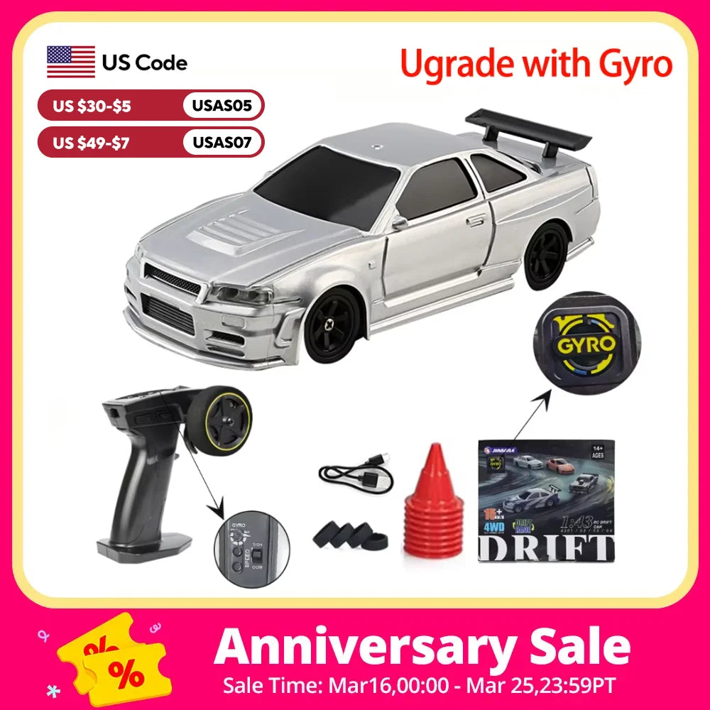 1/43 RC Drift Car Upgrade Mini Racing Crawler with Gyro 2.4G Remote Control Drifting 4WD Off-road Vehicle Model Toys