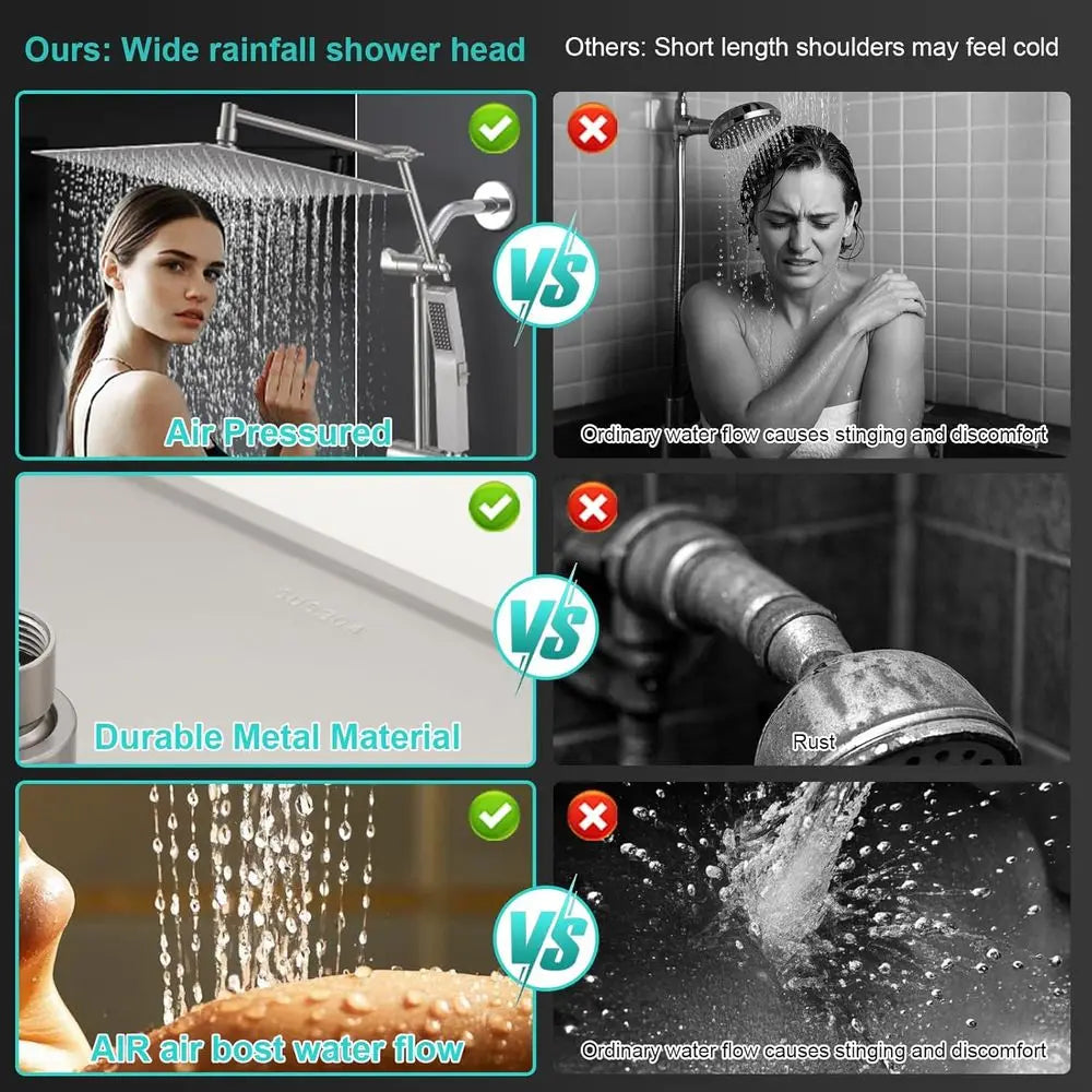 10 Metal Rain Shower Head Combo with Handheld, High-Pressure Waterfall, 16 Extension Arm, 3-Way Diverter, Brushed Nickel