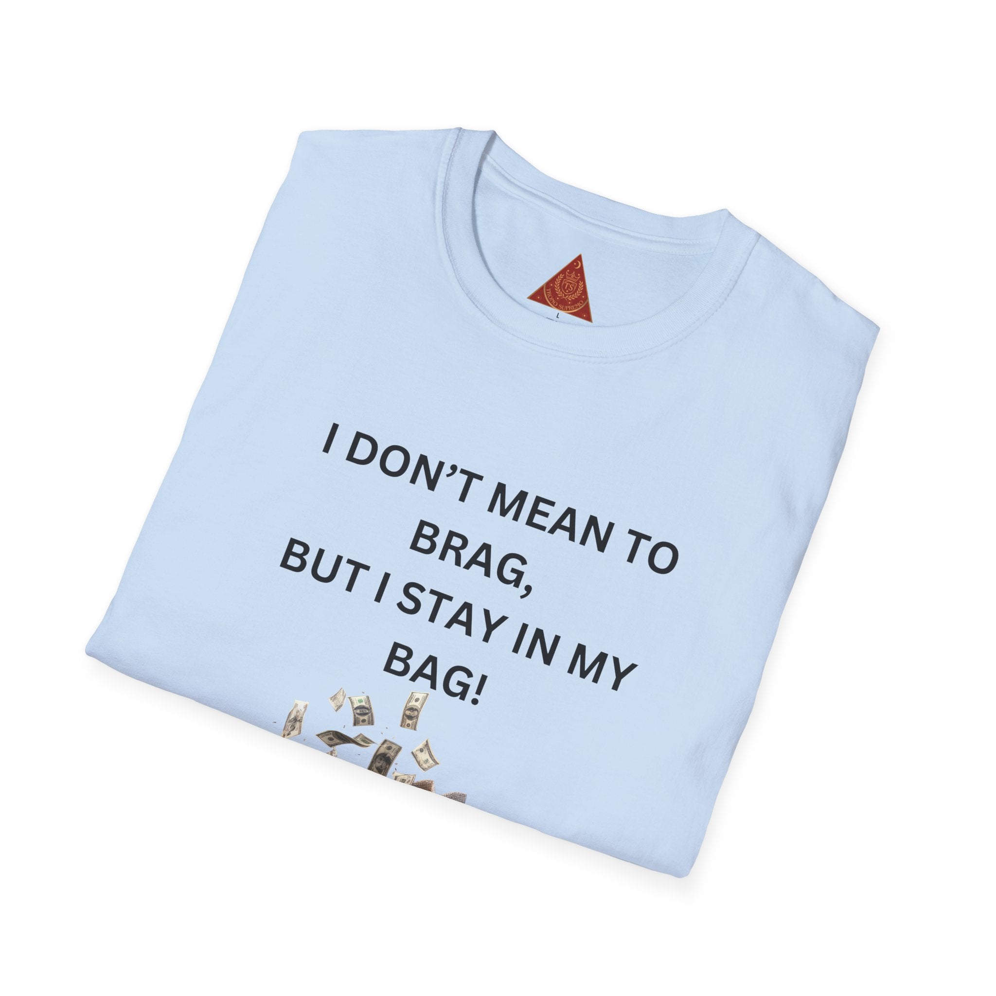 Trono Supremo  |  Contemporary  |  I Don't Mean to Brag But I Stay in My Bag T-Shirt — Funny Cat Money Bag Graphic Tee