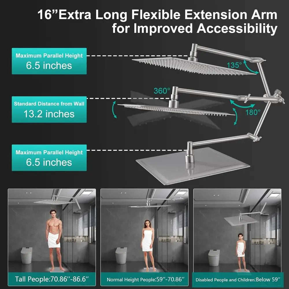 10 Metal Rain Shower Head Combo with Handheld, High-Pressure Waterfall, 16 Extension Arm, 3-Way Diverter, Brushed Nickel