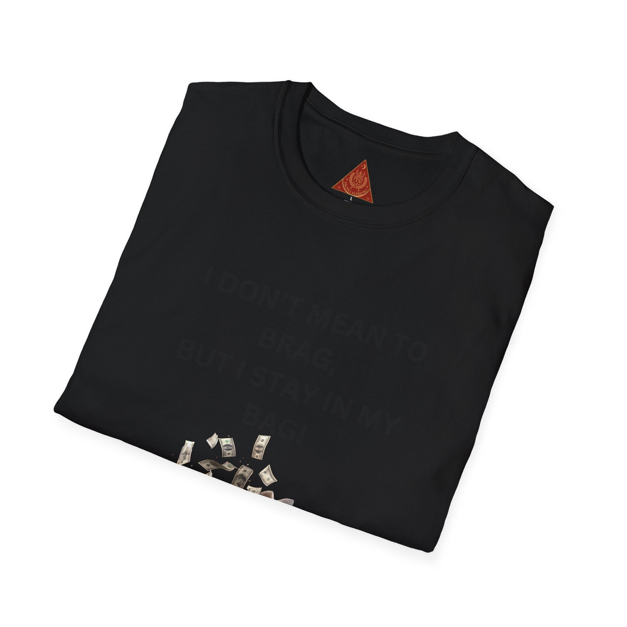 Trono Supremo  |  Contemporary  |  I Don't Mean to Brag But I Stay in My Bag T-Shirt — Funny Cat Money Bag Graphic Tee
