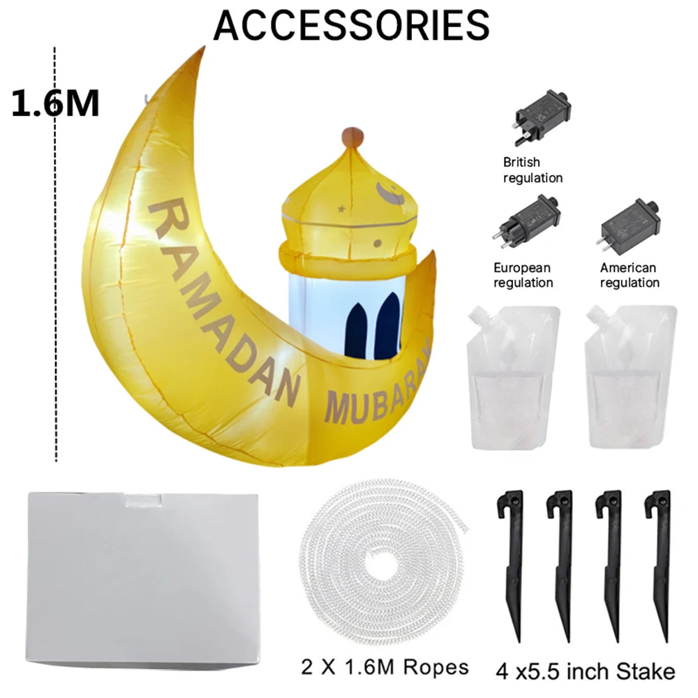 1.6M Ramadan Decorative Eid Al-Fitr Moon Ship Built in LED Light Inflatable Toy Outdoor Mubarak Prayer Decoration Party Supplies