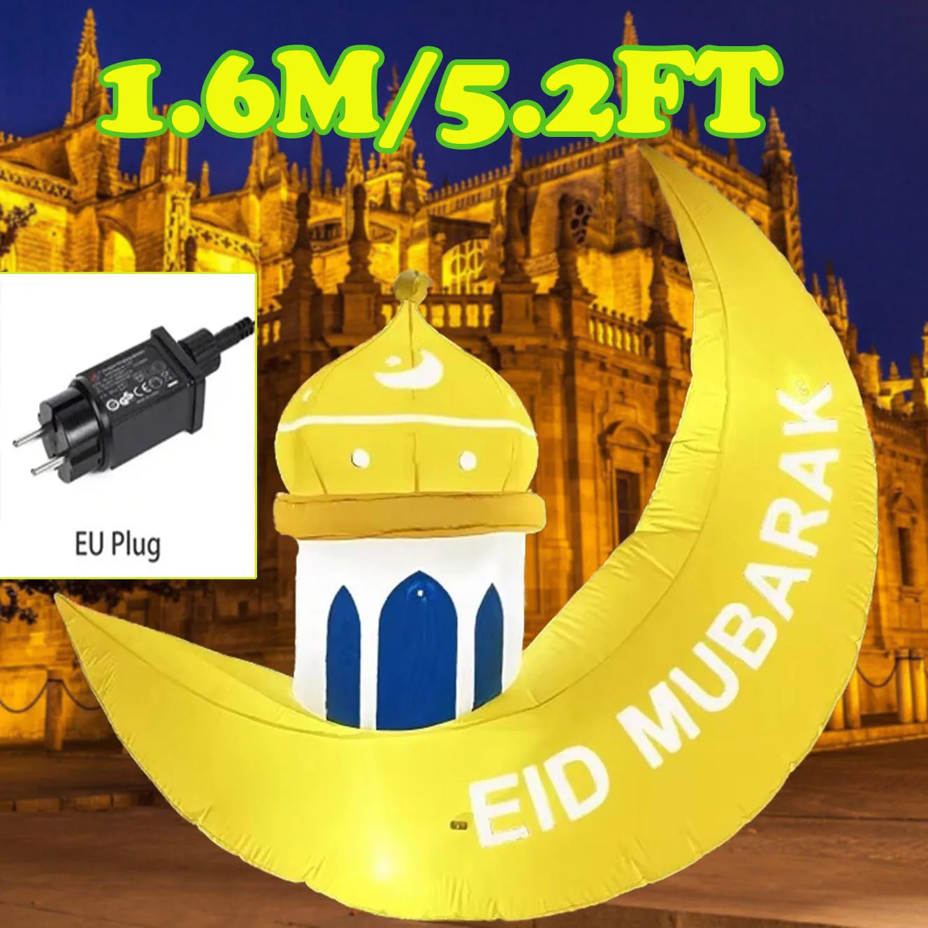 1.6M/5.2FT Inflatable Model Ramadan Moon Palace Build-in LED Light Blow Up Eid Mubarak Sign Outdoor Holiday Decorations
