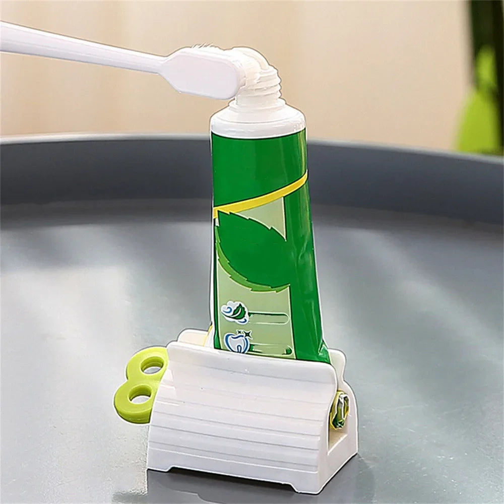 1 exprimidor de pasta de dientes de tubo enrollable, soporte de asiento de pasta de dientes giratorio, dispensador de pasta de dientes para baño