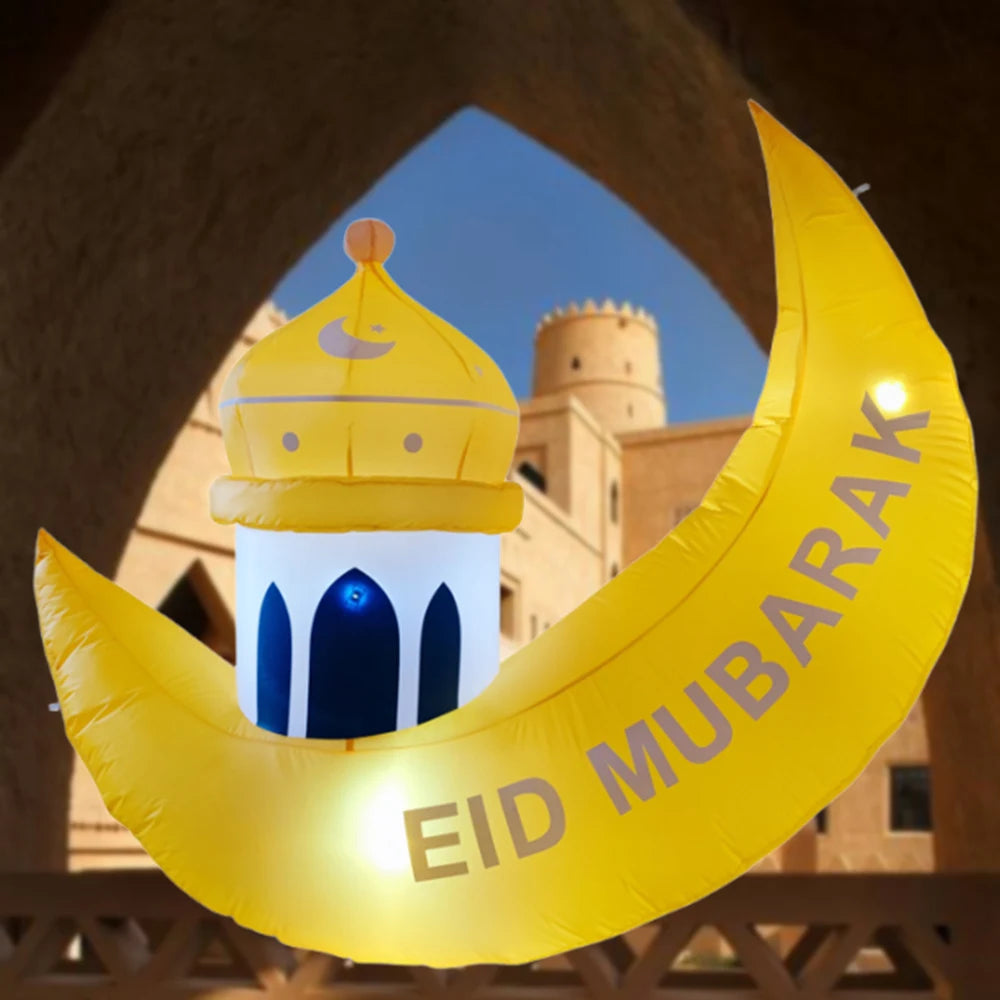 1.6M Ramadan Decorative Eid Al-Fitr Moon Ship Built in LED Light Inflatable Toy Outdoor Mubarak Prayer Decoration Party Supplies