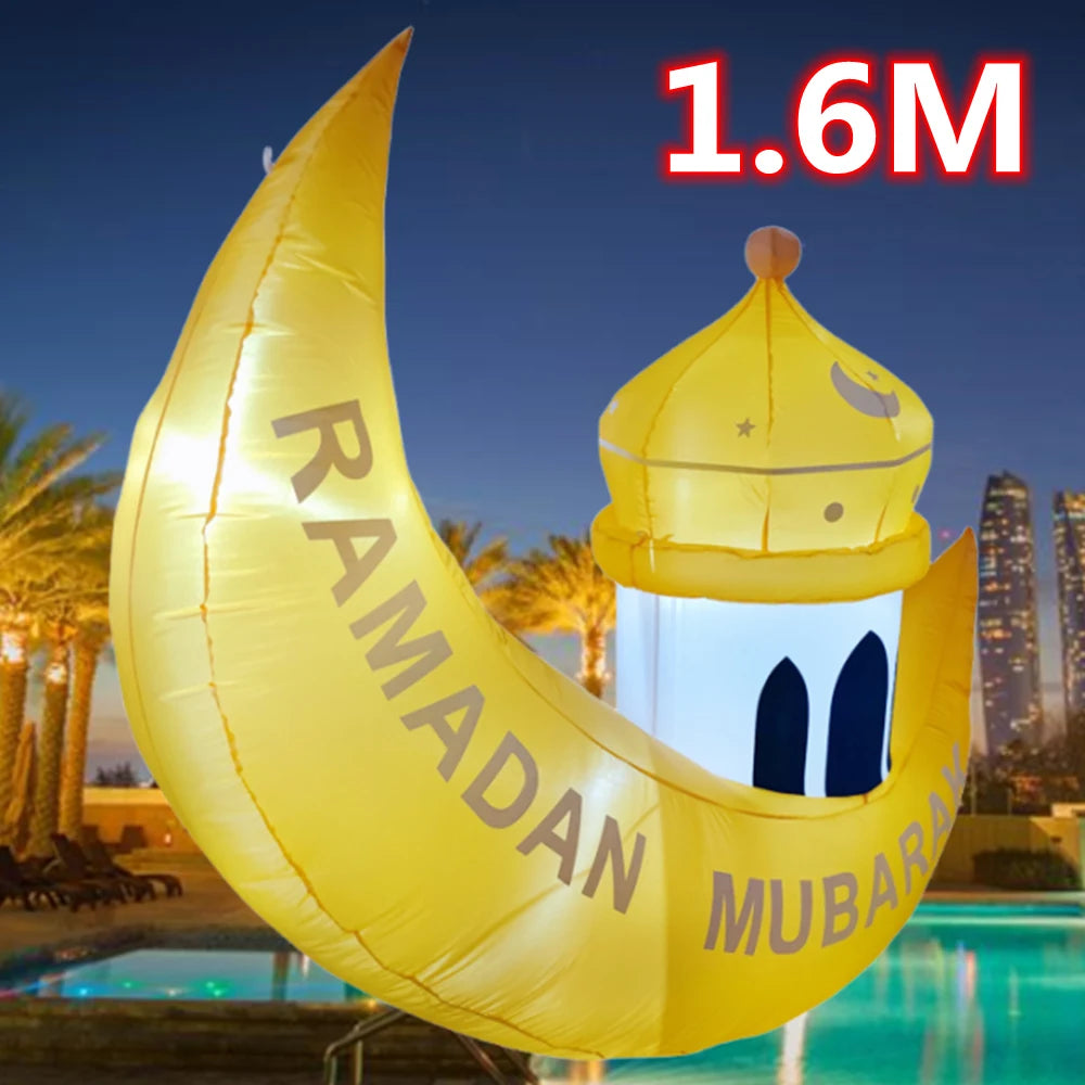 1.6M Ramadan Decorative Eid Al-Fitr Moon Ship Built in LED Light Inflatable Toy Outdoor Mubarak Prayer Decoration Party Supplies